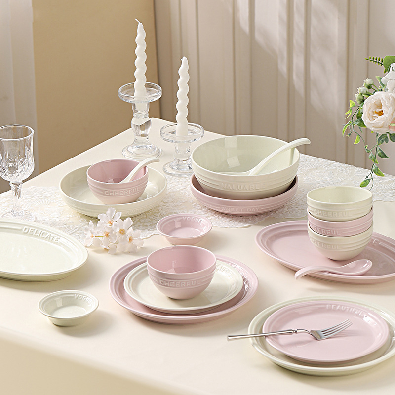 Truffle White Night Sakura Powder Household Ceramic Tableware Dishes suit Rice Bowl Disc Fish Plate Wholesale Relief English