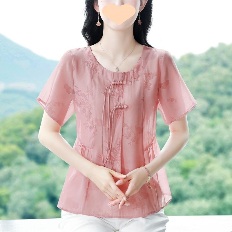 夏の新しい綿とリネンの女性用半袖シャツ、中国風のボタン、年齢を軽減する、ゆったりとした大きいサイズのお腹カバーシャツ、マザーズトップ|undefined