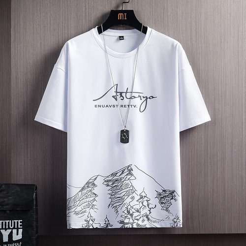 Men's Summer New Snow Mountain Print Fashion Trend Korean Version T-Shirt Set Two-Piece Loose Fit Sports Combo