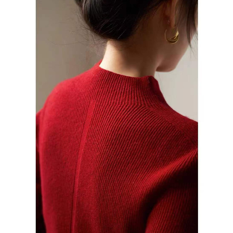 Happy New Year Early Autumn Seamless Red Half-turtleneck Sweater Women's Inner Base Shirt