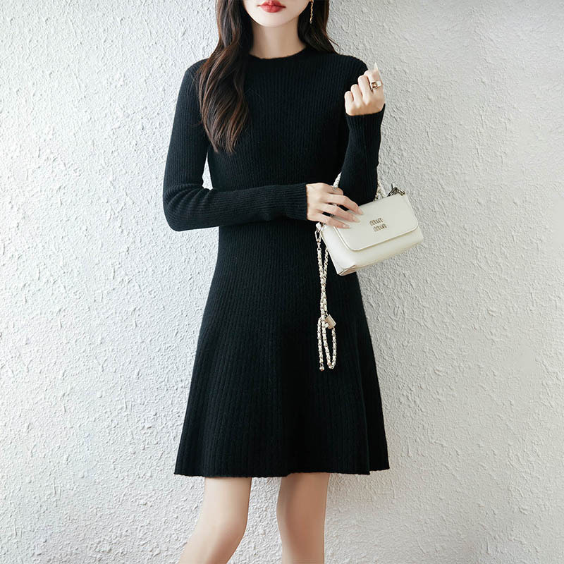 Autumn and Winter New Wool Knitwear Dress Women's Round Neck Slimming Look A-Line Mid-Length Wool Bottoming Knitwear Dress