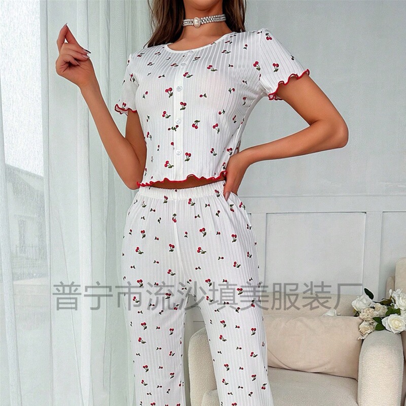 European and American Pajamas Cross-border shein Cherry Pattern Wood Ear Front Button Short Sleeve Trousers suit Women's Home Wear
