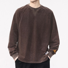 安洋长袖日系复古男款做旧廓形剪裁洗水纯棉T恤透气慵懒休闲体恤