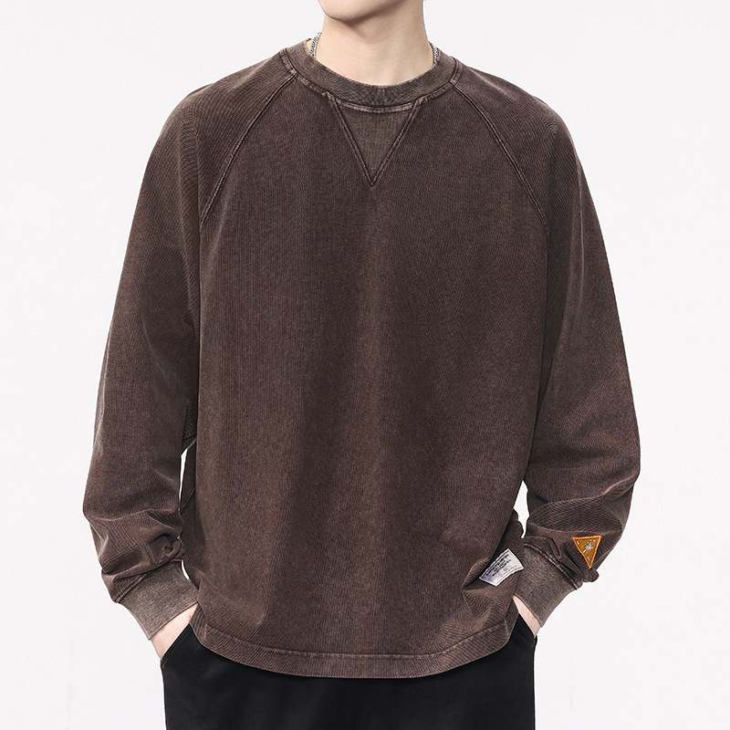 安洋长袖日系复古男款做旧廓形剪裁洗水纯棉T恤透气慵懒休闲体恤