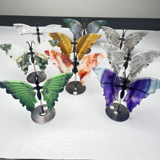 Hot-selling crystal stone hand-carved wings with metal base butterfly exquisite crafts ornaments accessories