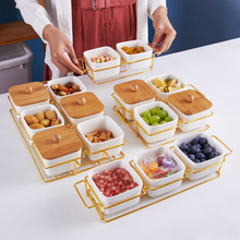 铁艺架零食点心盘北欧分格陶瓷干果碗家用客厅待客水果盘甜点