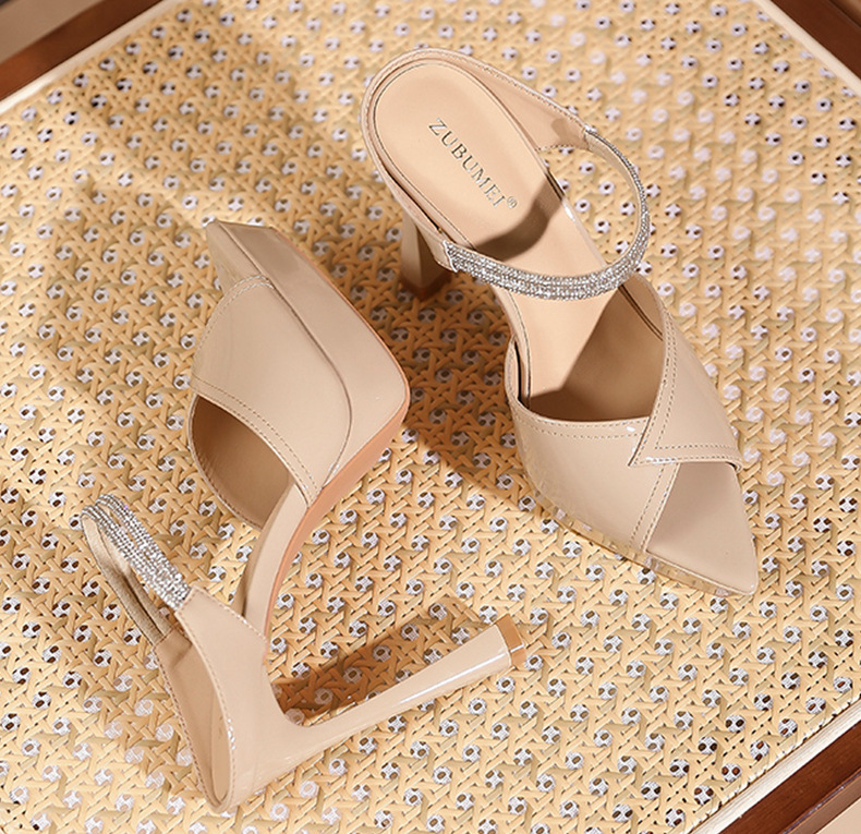 Sandal cao gót nữ mũi nhọn hở mũi đế platform gót 12 cm đính đá pha lê — Màu da-12cm chi tiết 8