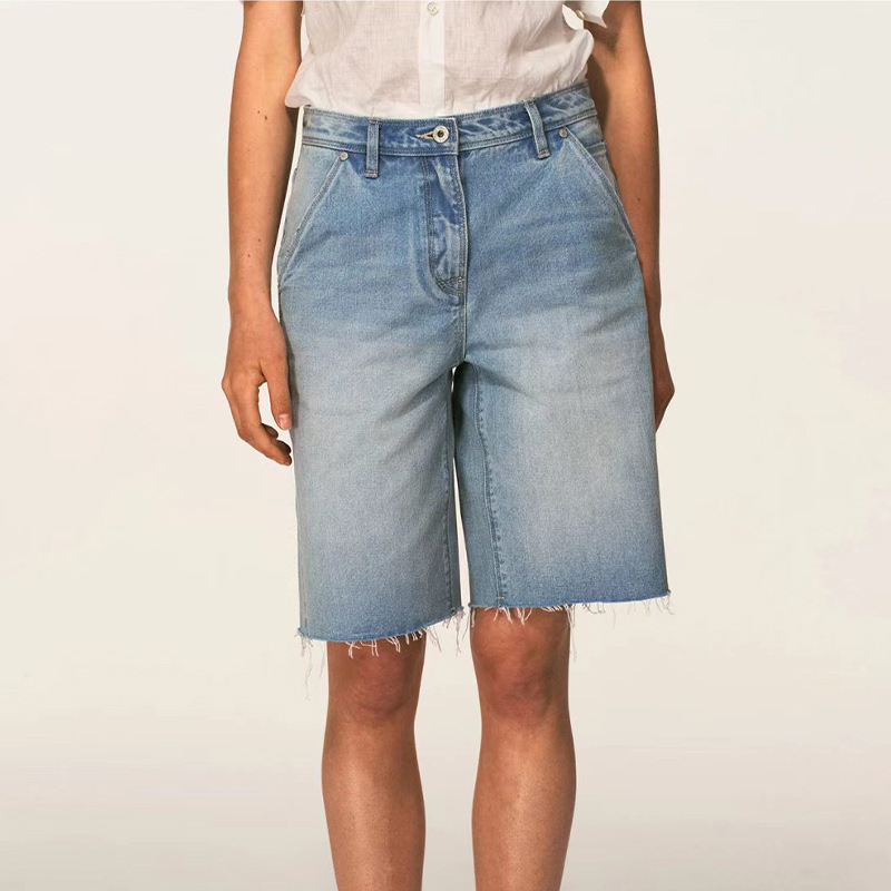 Alrigh Vintage Hand-Washed Denim Shorts with Whiskered Effect, Mid-Low Waist, High-Waisted Slimming Denim Shorts