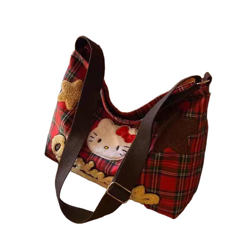 hellokitty大容量斜挎包女时尚可爱kt猫帆布包格子条纹通勤托特包|undefined