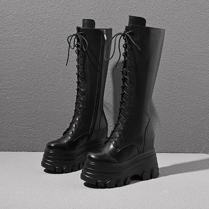 Boot nữ cổ cao ôm bắp chân dây buộc gót 12 cm phong cách retro Anh — Đen nhung chi tiết 12