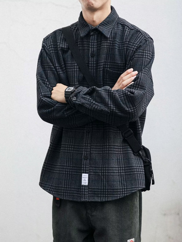 Japanese Retro Workwear Plaid Shirt for Men - Spring and Autumn Season Long-Sleeve Trendy Loose Streetwear Brand Versatile Casual Collarless Jacket