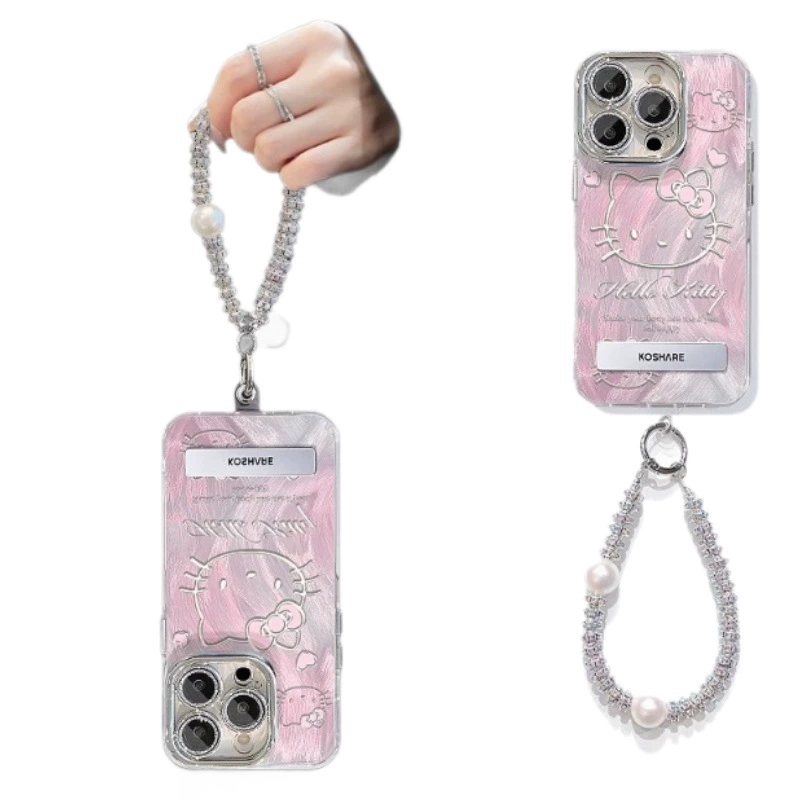 Чехол для телефона (серия Apple iPhone 11–17) с блестящим зеркалом Hello Kitty и металлическим кулоном, розовый/серебристый