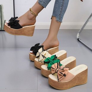 Sandals Women's 2021 Summer New Wedge Thick Bottom Outgoing Bow Cyber Celebrous Fashionable Slippers