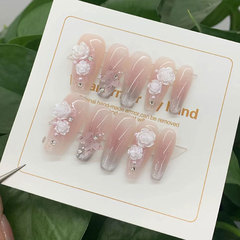 純手工穿戴甲仙女裸粉山茶花腮紅法式貓眼漸變蝴蝶飾品可拆卸美甲