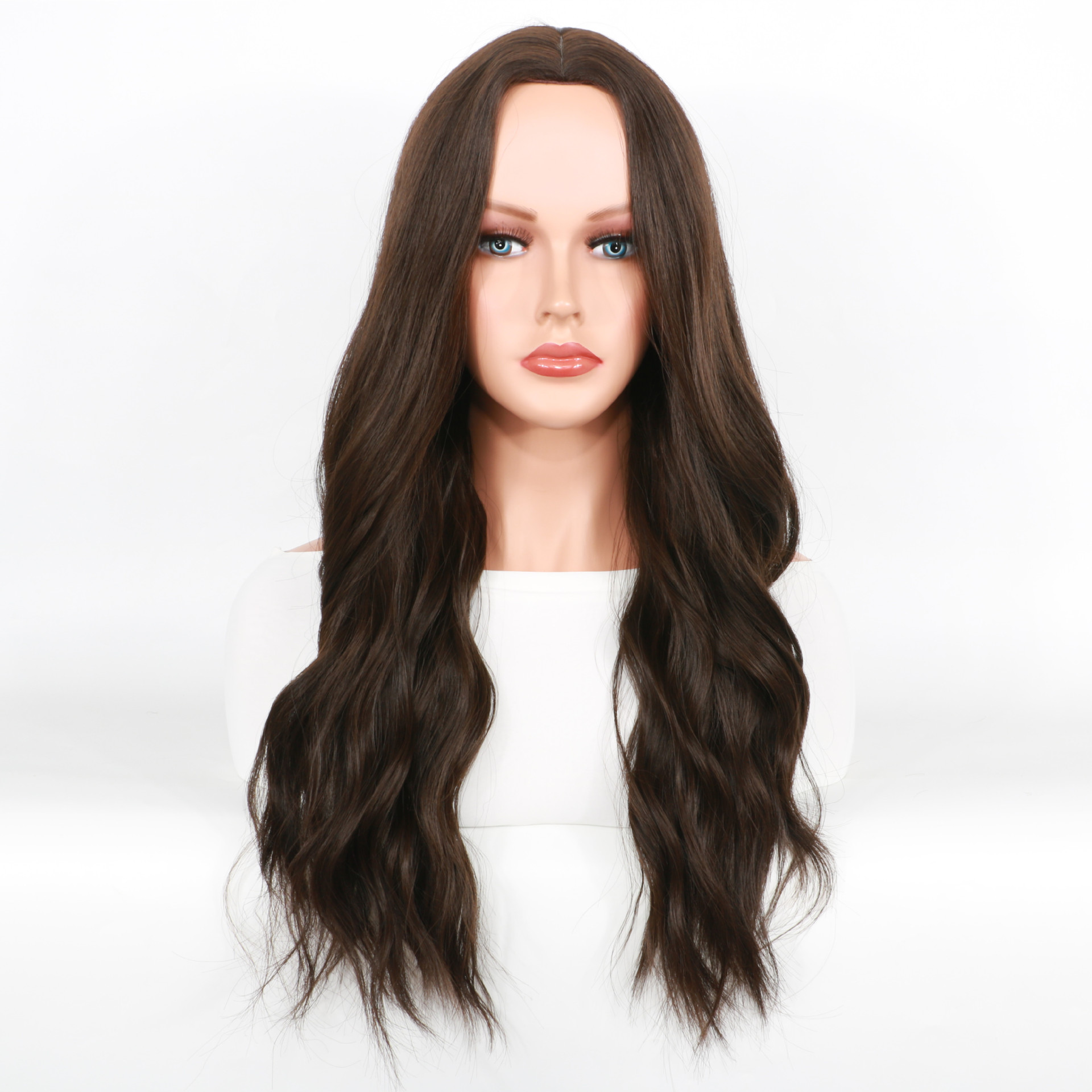 Synthetische pruik Zwart Bruin Mid Split Lange Krul Damesmode Pruiken Volledige hoofdpruik_voghion.com
