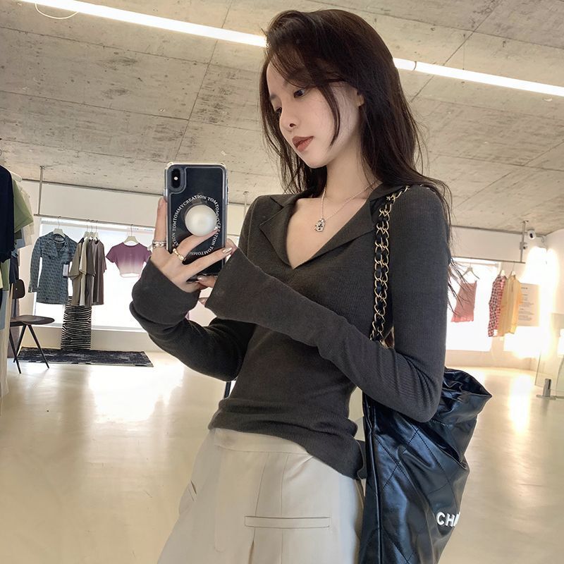 Polo Collar Knitwear Women's Autumn and Winter Thickeneded Pure Desire V Neck Long-Sleeved Bottoming Shirt Exposed Collarbone Top Slim Fit Polo Collar Knitwear Women's Autumn and Winter Thickeneded Pure Desire V Neck Long-Sleeved Bottoming Shirt Exposed Collarbone Top Slim Fit