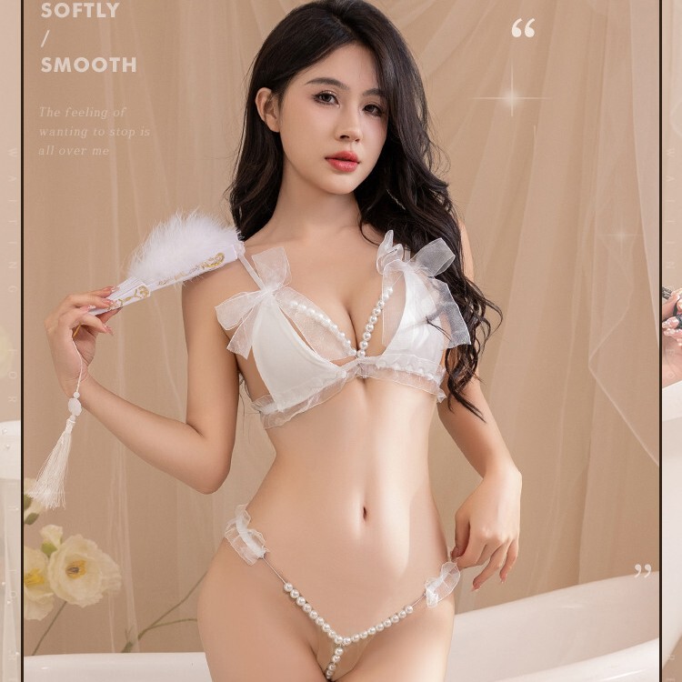 New Large Size Sexy Lingerie Pearl Three-Point Sexy Suit Bow Bra Thong Pure Desire Suit