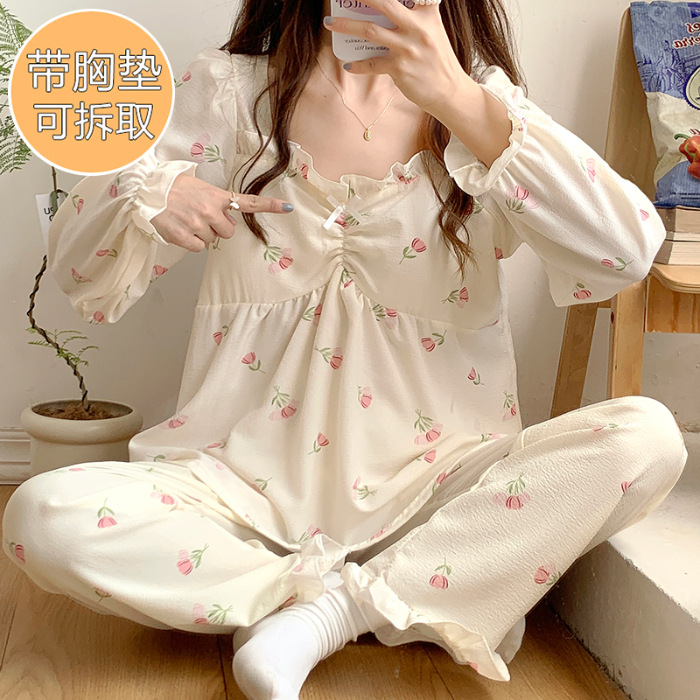 Más tamaño de manga larga pijamas de las mujeres tejidas con volantes con cuello en V Jersey de algodón de otoño e invierno dulce ropa de casa casual con el pecho pad traje