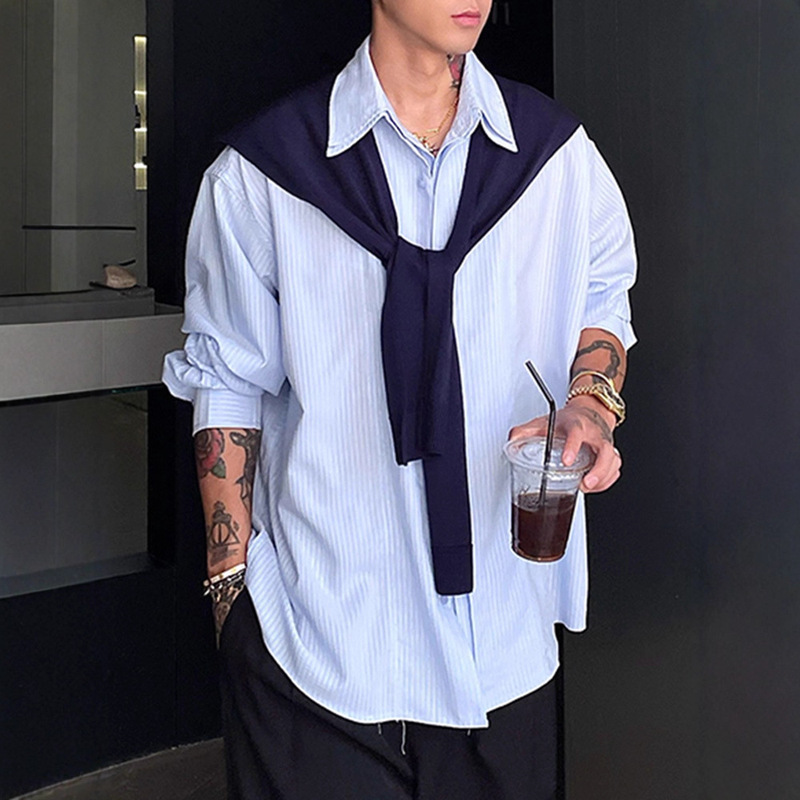 Hong Kong Style Blue Stripesd Shirt Men's Spring and Autum New Shawl High-End Design Fake Two-Piece Long-Sleeved Shirt Jacket
