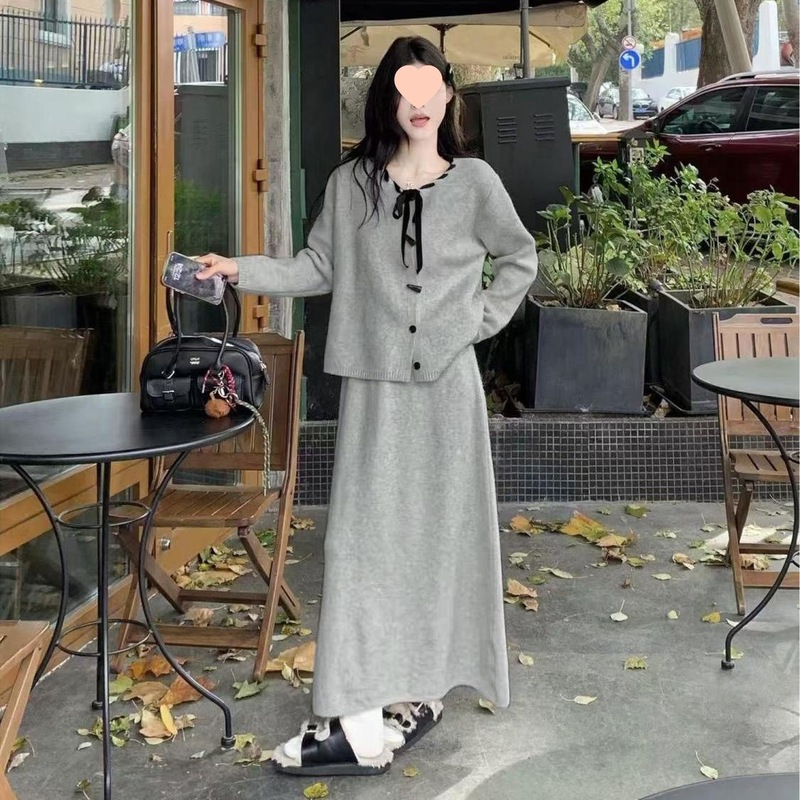 韩版圆领系带针织开衫时尚套装女秋冬新款宽松慵懒风半身裙两件套|undefined
