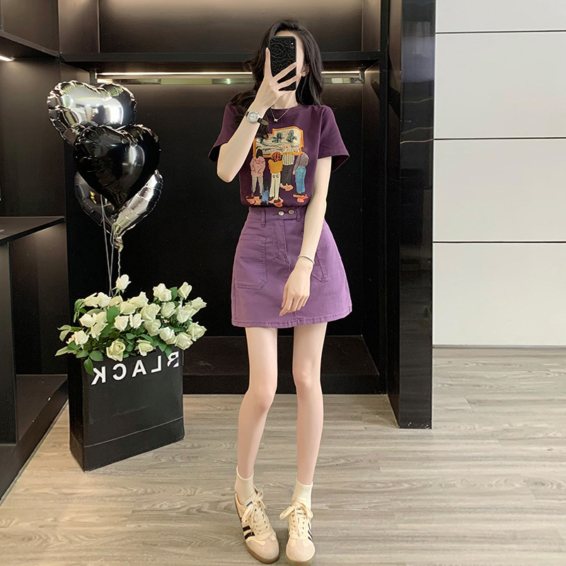 Summer Women's Slimming Purple Short-Sleeve T-Shirt High-Waisted Bodycon Denim Skirt Fashion Versatile Age-Reducing Outfit Trendy