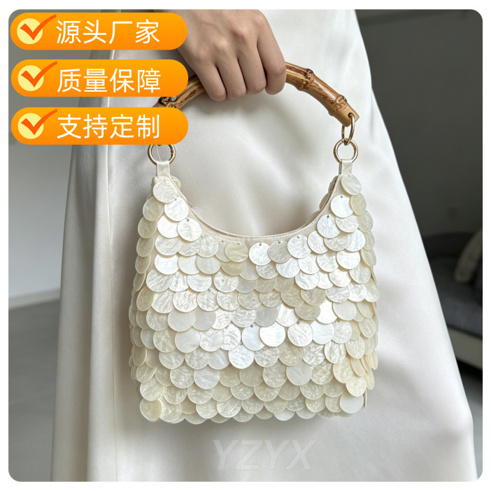 2026 New Cross-Border Sequin Fashion Handbag White High-End Shell Bag Evening French Style Wholesale Dress