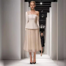 越南设计师气质斜肩长袖上衣百褶网纱半身裙套装30022+21037B