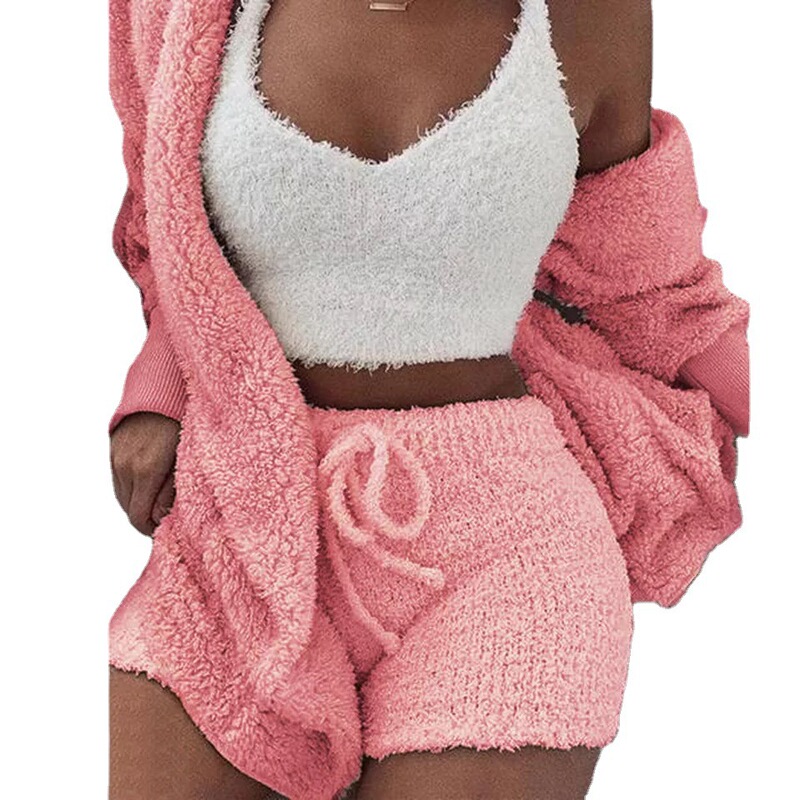 Cross-Border Women's Clothing European and American Winter Plush Home Clothes Casual Three-Piece Pajamas Long-Sleeved Shorts Hooded Women's Suit Cross-Border Women's Clothing European and American Winter Plush Home Clothes Casual Three-Piece Pajamas Long-Sleeved Shorts Hooded Women's Suit