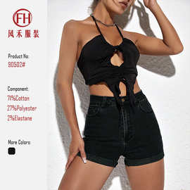 亚马逊美式复古辣妹弹力牛仔短裤夏季新款高腰显瘦百搭牛仔裤女