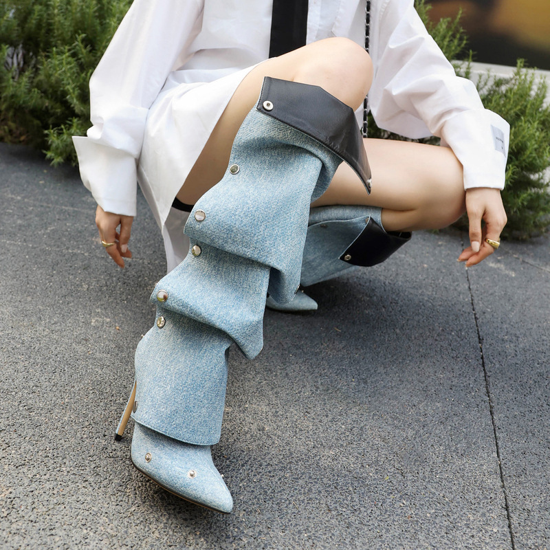 32-48 European and American Foreign Trade Cross-border plus size Women's Boots Denim Boots Thin Heel Pointed High Boots H595 32-48 European and American Foreign Trade Cross-border plus size Women's Boots Denim Boots Thin Heel Pointed High Boots H595