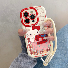 楽しいキュートなキティ猫のiPhone16promax用スマホケース、Apple15、ストラップ付き、14、女性向け、17