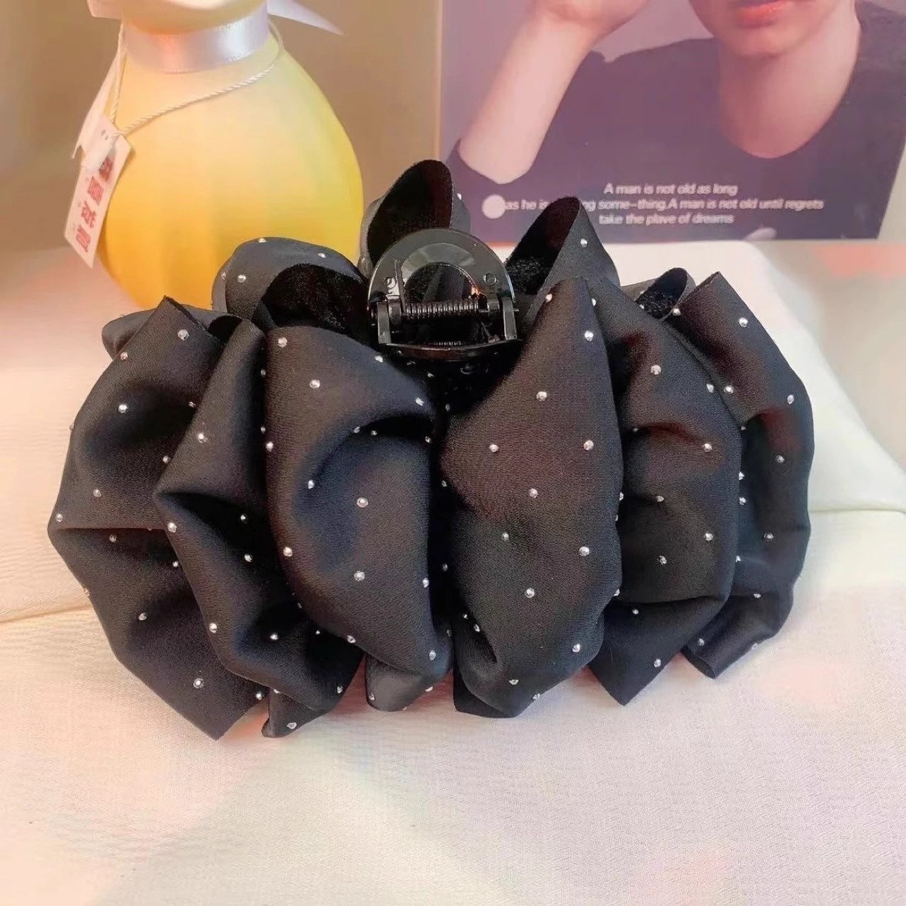 새틴 큐빅 별빛 13cm 집게핀 - 블랙