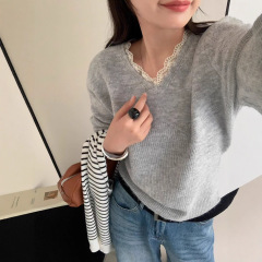 温柔风软糯蕾丝边V领针织衫上衣女2025秋季收腰百搭显瘦毛衣上衣
