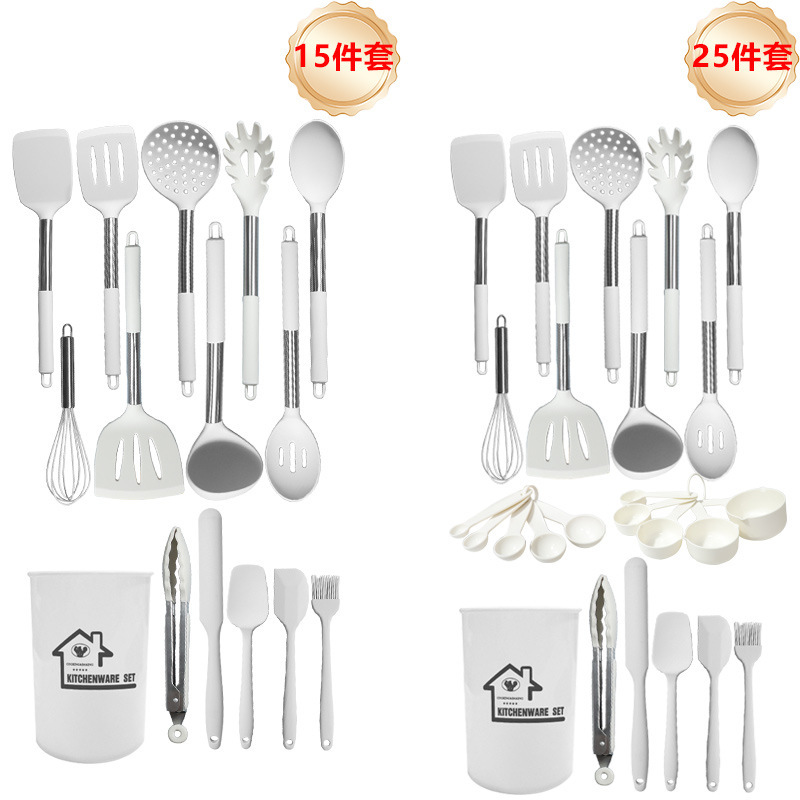 Cuchara de sopa de espátula de silicona transfronteriza Juego de 25 piezas Pala de silicona de oro rosa sartén antiadherente blanca lechosa Juego de utensilios de cocina de silicona al por mayor