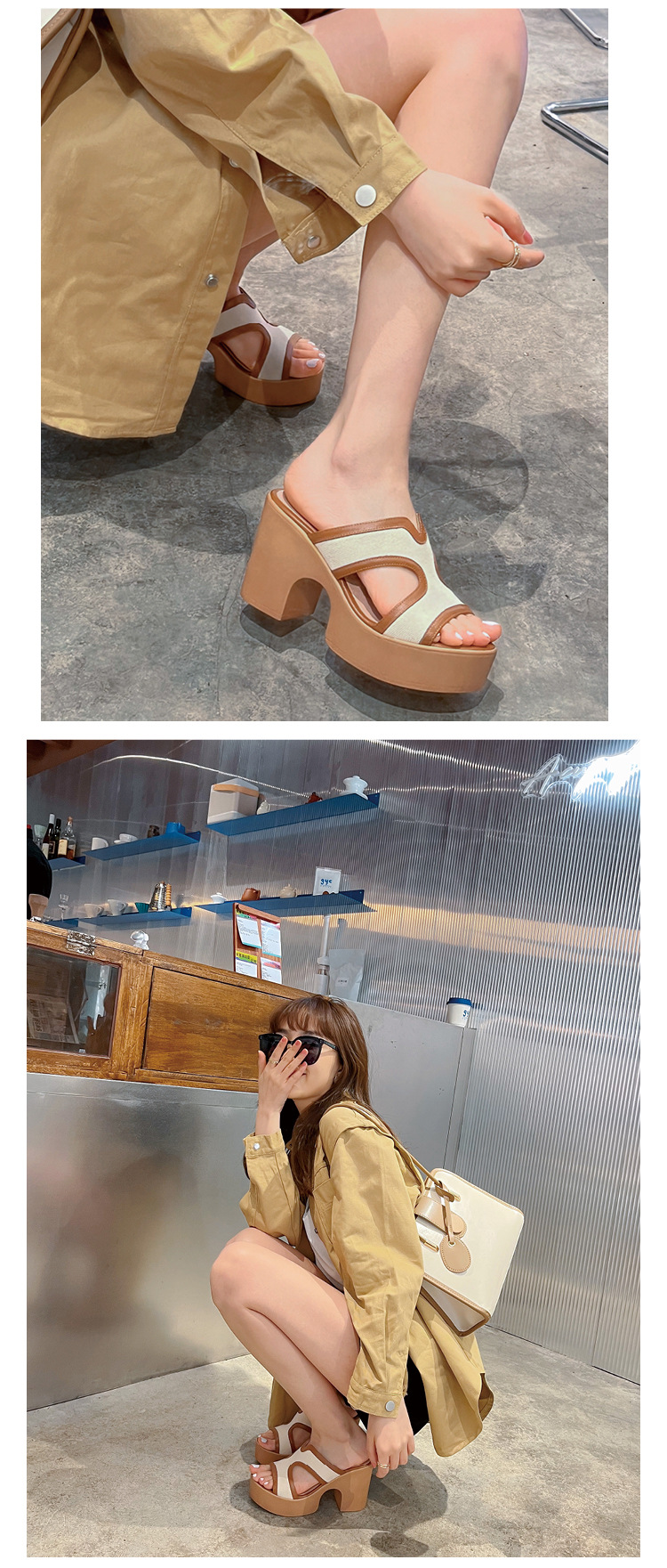 Dép sandal nữ quai chữ V da bò cao cấp đế xuồng dày, gót thô hở mũi, mùa hè — màu kaki chi tiết 12