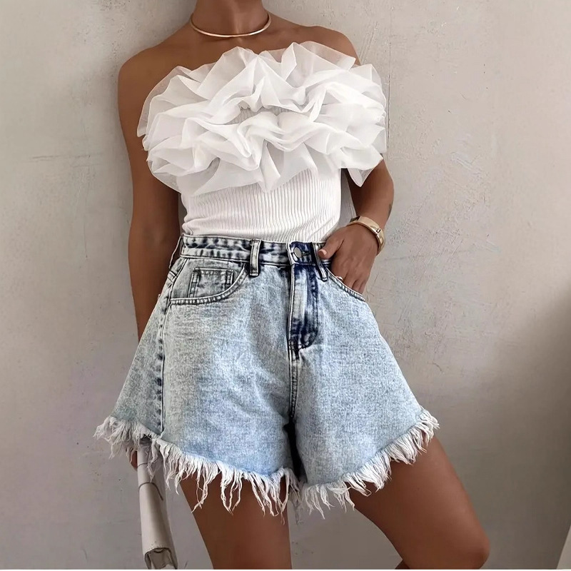 High-Waisted Tassel Women's Fashionable Design Casual Loose Fashion Raw Edge Slim Slim Flared Denim Shorts
