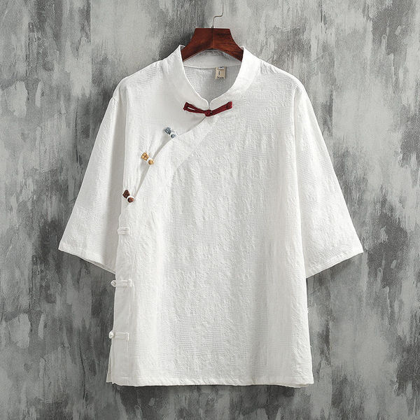 New Chinese Style Outfit Chinese Style Diagonal Jacquard Cotton and Linen Improved Han Dynasty Men's Summer Tea Zen Linen Top