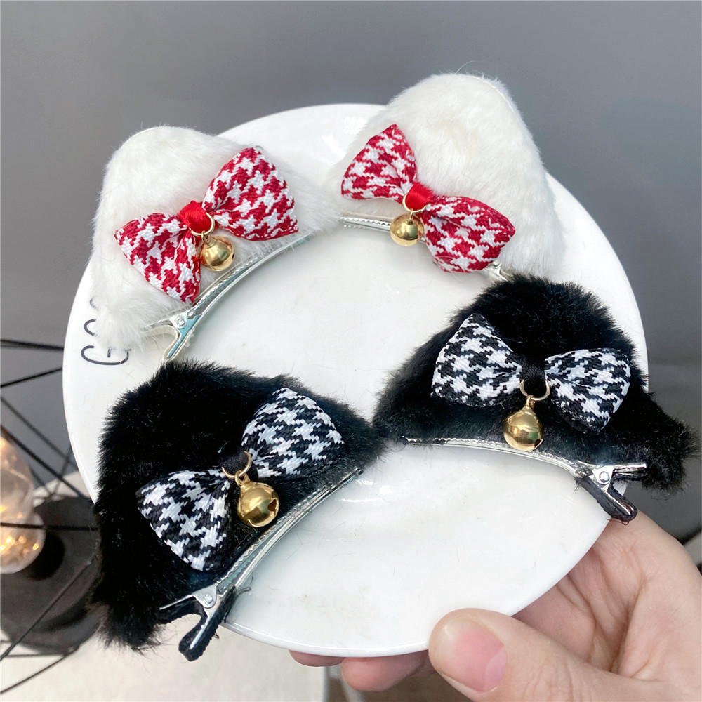 Cute Plaid Bells Cat Ears Bows Hair Hoop Plush Cosplay Head Hoop display picture 1