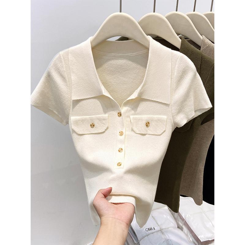 Tweed Style Collar Wool Knitwear Women's Short-Sleeved 2025 Summer New Style Slim-Fitting Short Top for Small People
