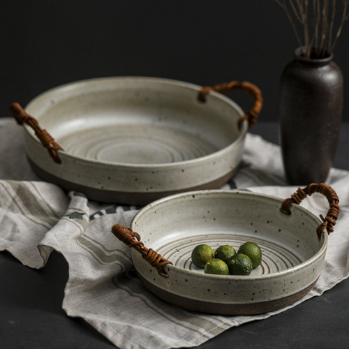 Japanese tableware personalized bowls and plates retro rough pottery handmade plates home ceramic dishes creative internet celebrity ins style