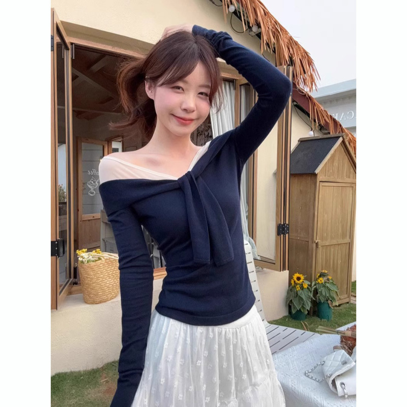 藏青色一字肩纯欲网纱长袖t恤女早春季修身显瘦绑带拼接短款上衣|undefined