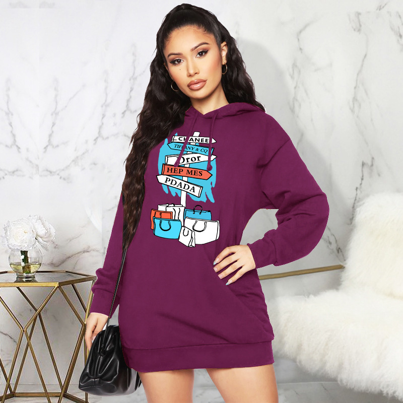 Autumn Winter Fleece Sweater Women Floral Print Hooded Mid Length Top