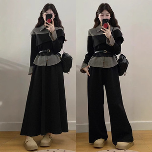 plus size Women's chubby girl New Denim Stitching Fake Two-piece Top Skirt Pants Two-piece Set
