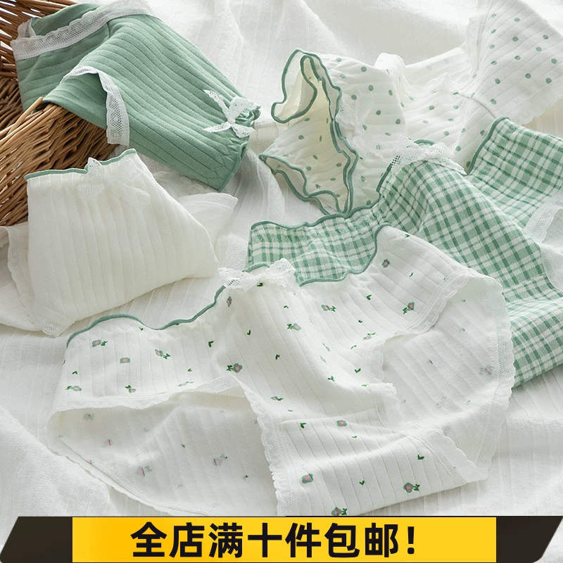 Трусики для девочек, студенческие трусы в японском стиле, свежие зеленые хлопковые трусы с цветочным принтом и бантом, со средней и низкой талией