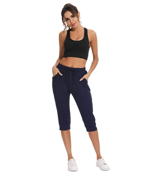 Pure Cotton Women's Jogger Pants with Drawstring Waistband, Yoga Casual 7/8 Length Pants in Gray, Black, Navy Blue, European and American Style