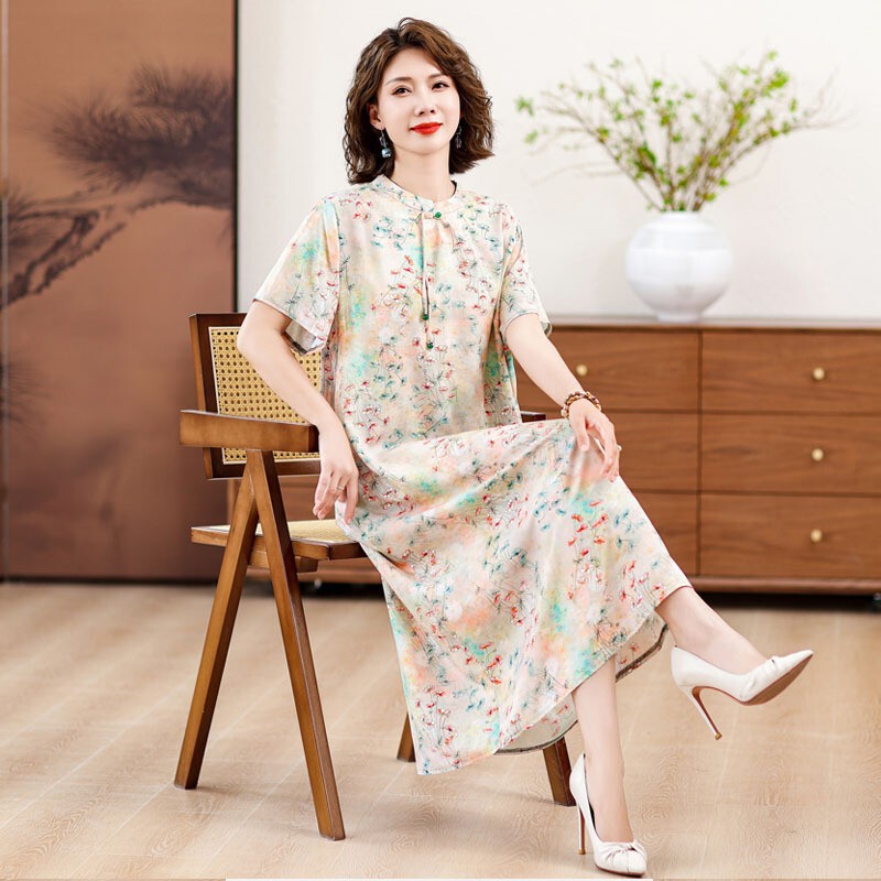 Summer Floral National Style Dress with Slim Elegant, Mother's Cotton Silk Long Skirt, New Chinoiserie Cheongsam, Short Sleeves, Large Size with Buckles