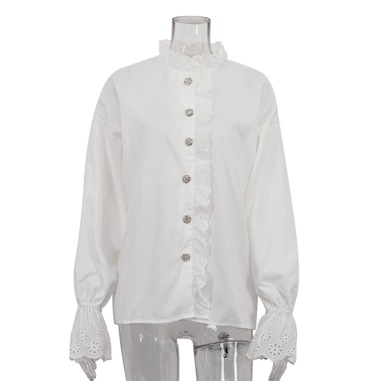 Camisa de estilo corte francés con cuello alto y bordes de loto con diamantes, moda versátil, venta al por mayor