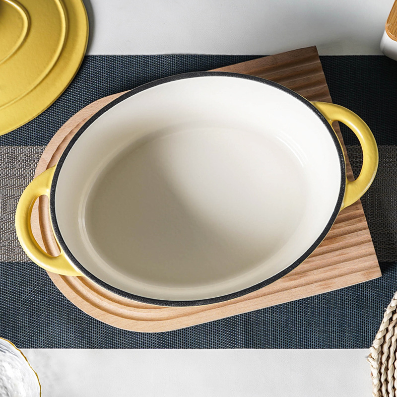 Pequeña felicidad 27cm esmalte de hierro fundido olla de sopa oval mariscos olla de estofado olla hogar no recubierto antiadherente olla eléctrica