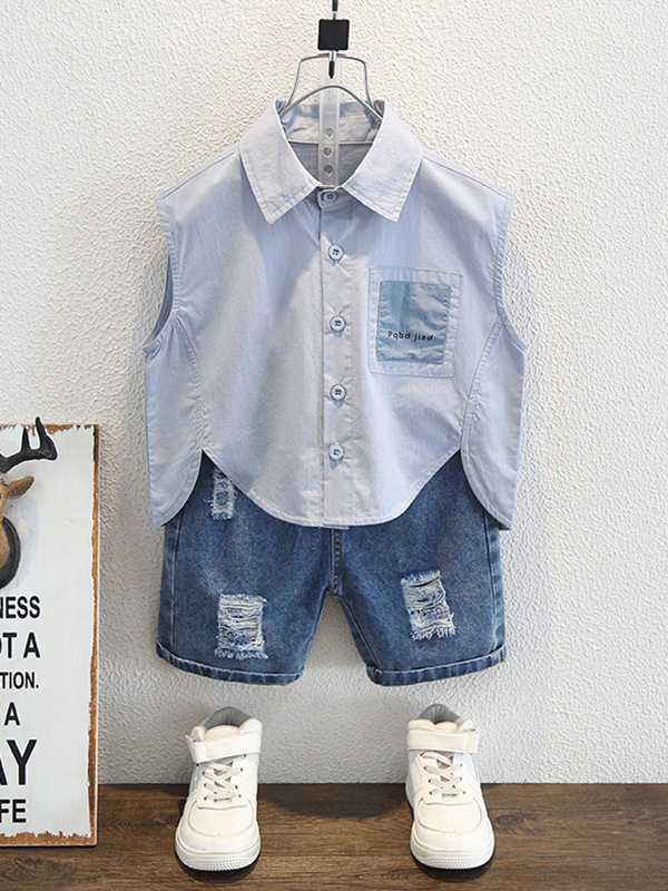 7939 camisas para niños verano nuevo estilo para niños bolsillos sueltos camisa sin mangas azul chaleco casual para niños de moda