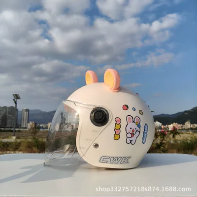 Motosiklet kaskı (dəbilqə) – Winter Warm Ear Protection Helmet - white-bunny-high-definition-long-mirror-pink-and-yellow-bear-ears-suitable-for-small-helmets-aged-1-5-years-old